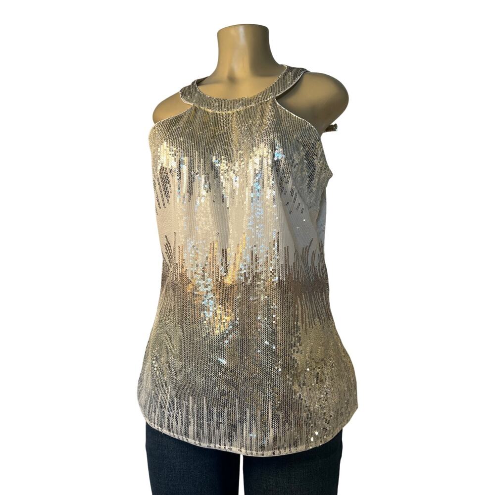 Boston Proper, Silver, White and Gold Sequined Halter Style Blouse NWT Size S